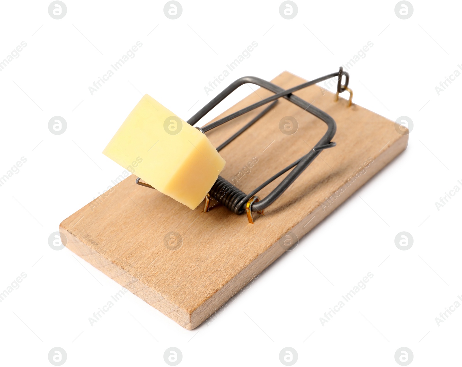 Photo of Spring-loaded bar mousetrap with piece of cheese isolated on white