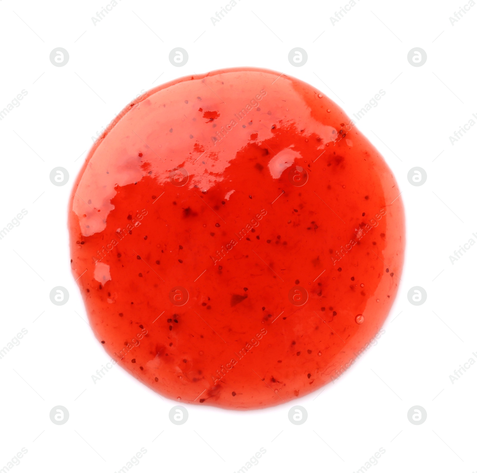 Photo of Sample of tasty strawberry sauce isolated on white, top view