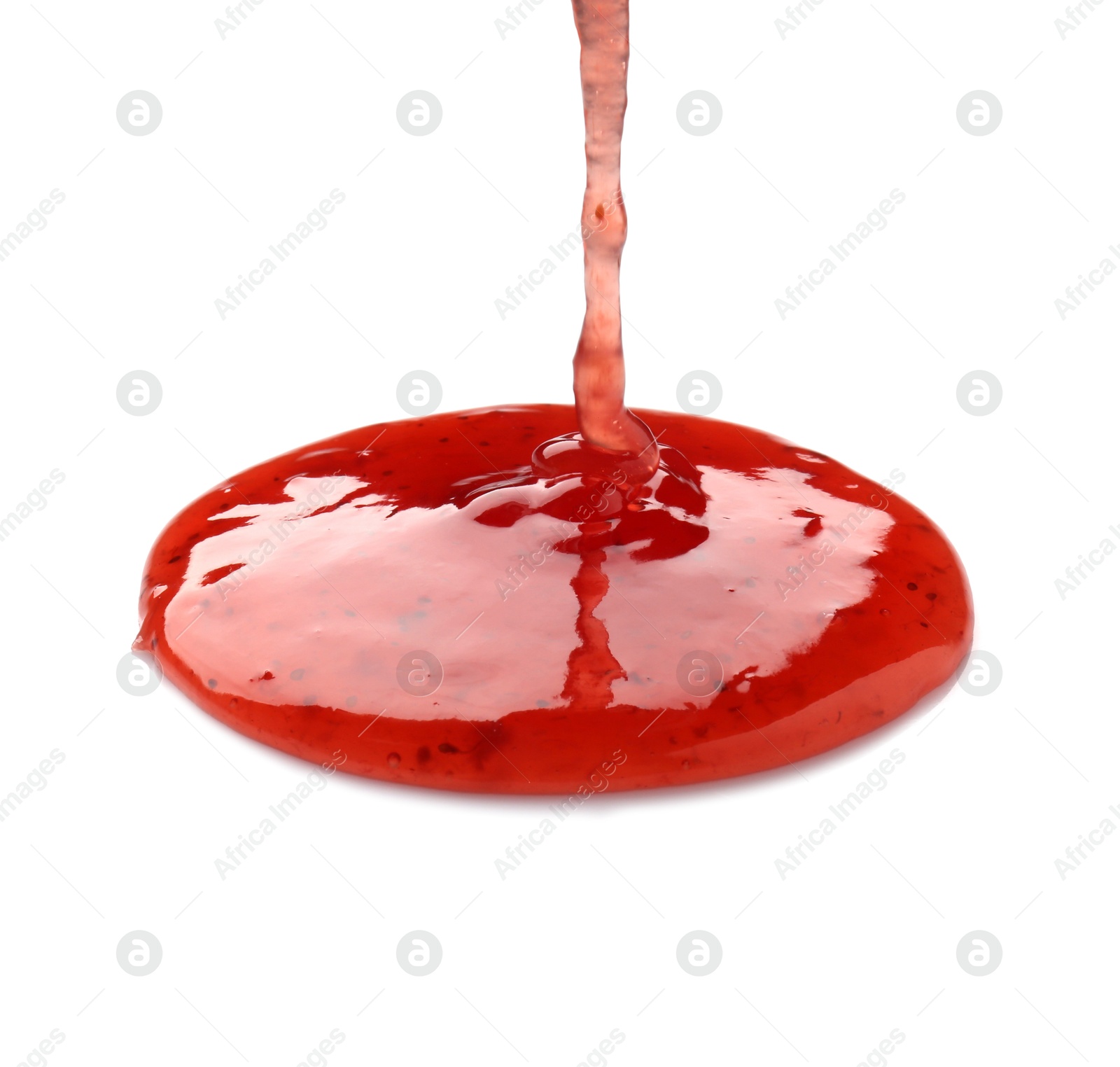 Photo of Pouring tasty strawberry sauce on white background