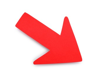 Photo of One red paper arrow isolated on white, top view