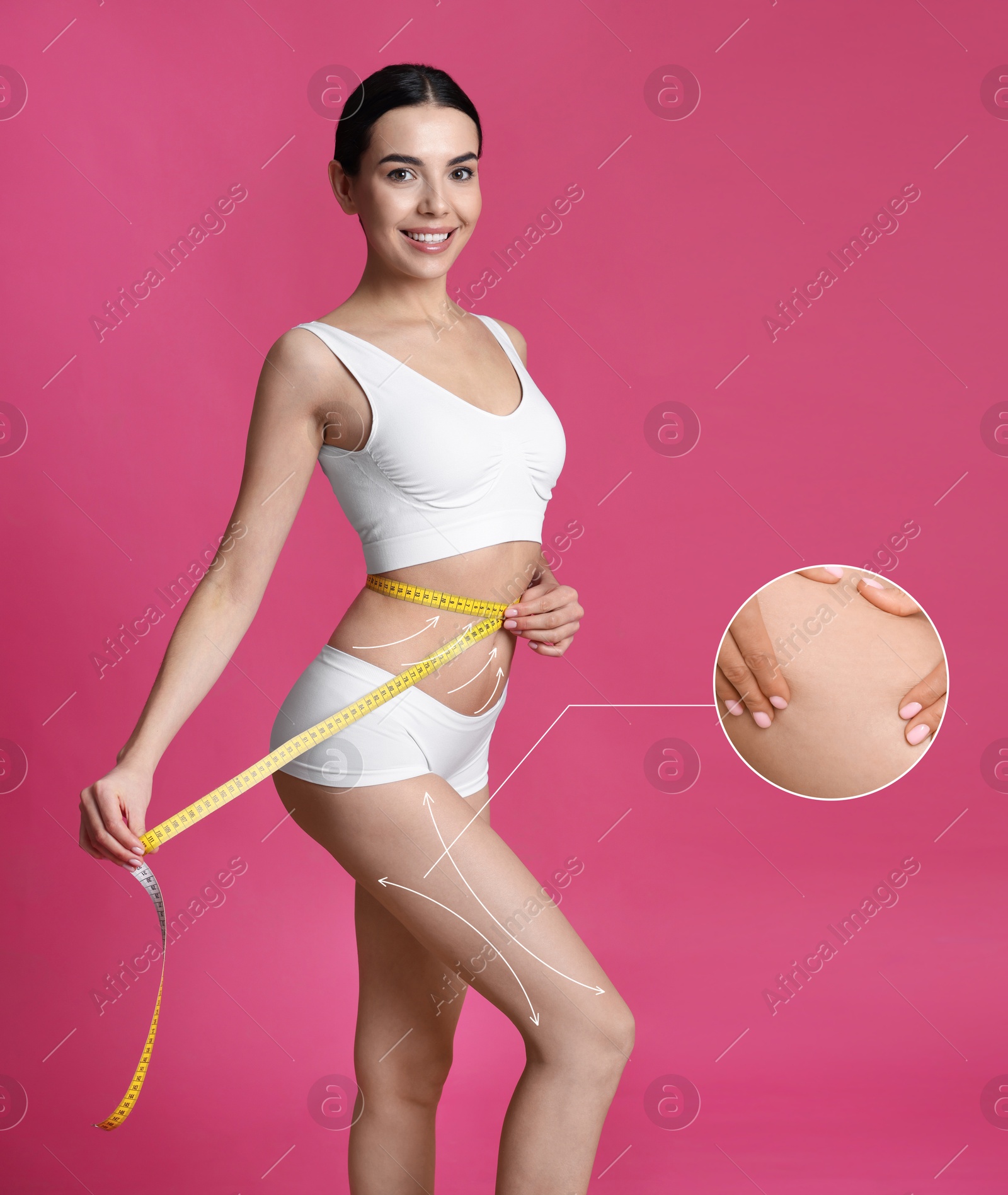 Image of Woman showing her beautiful body with smooth skin on crimson color background. Lines of anti-cellulite massage or lifting on skin