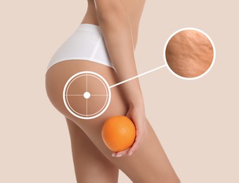 Image of Woman showing her beautiful body with smooth skin and holding orange on beige background, closeup. Weight loss and anti-cellulite treatment