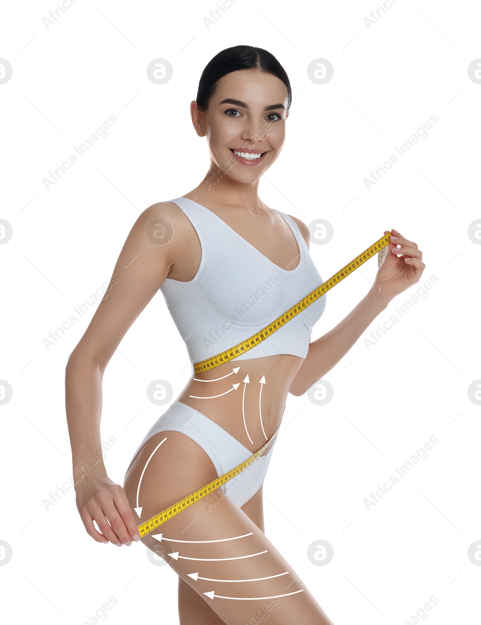 Image of Woman showing her beautiful body with smooth skin on white background. Anti-cellulite massage or lifting lines on skin