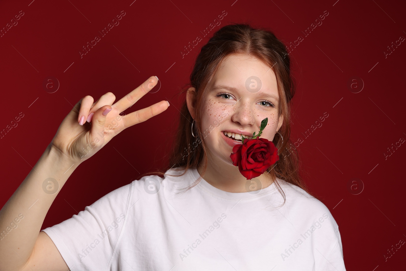 Photo of Beautiful freckled teenage girl with rose showing V-sign on red background