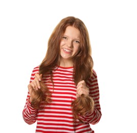 Photo of Beautiful teenage girl with freckles on white background