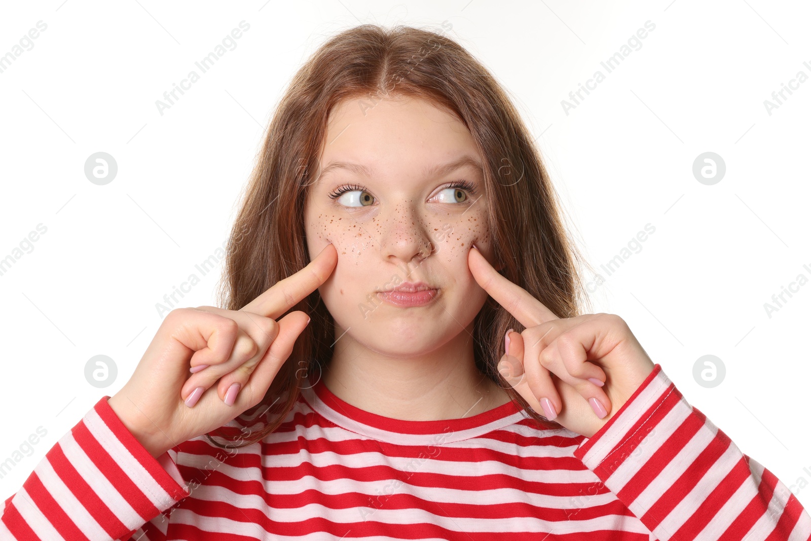 Photo of Beautiful teenage girl with freckles on white background