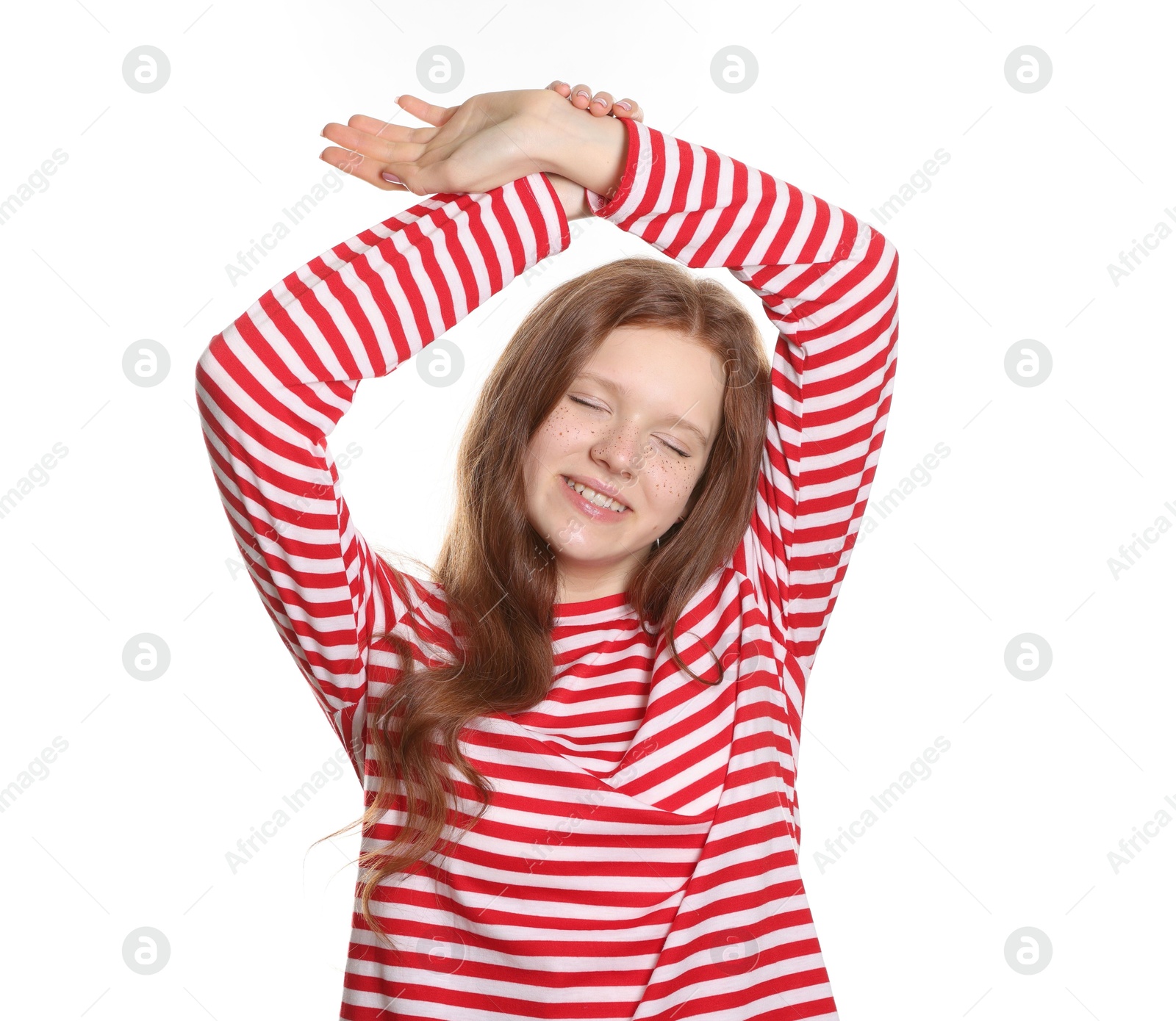 Photo of Beautiful teenage girl with freckles on white background