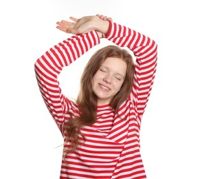 Photo of Beautiful teenage girl with freckles on white background