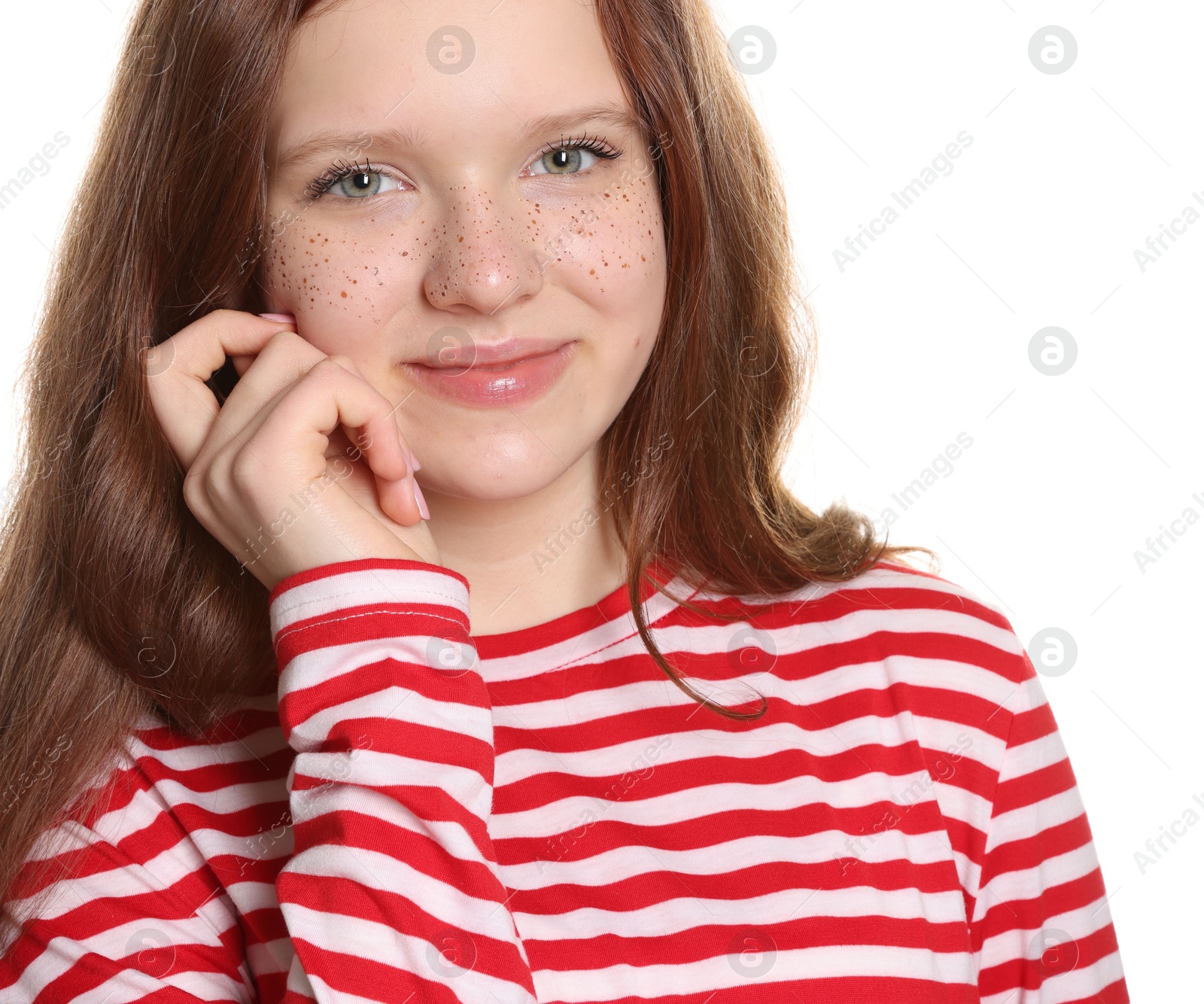 Photo of Beautiful teenage girl with freckles on white background