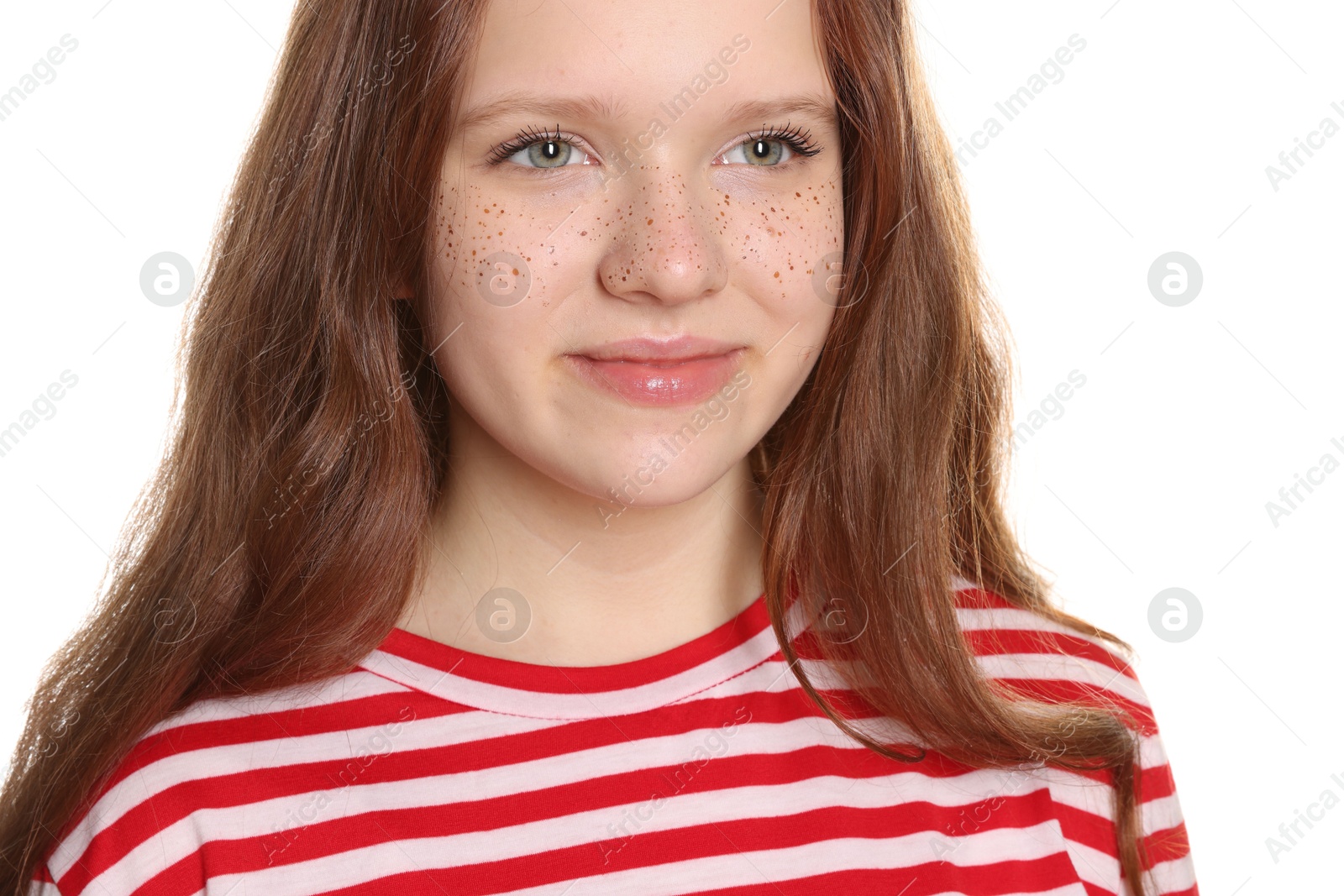 Photo of Beautiful teenage girl with freckles on white background, closeup