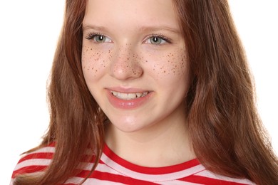 Photo of Beautiful teenage girl with freckles on white background, closeup