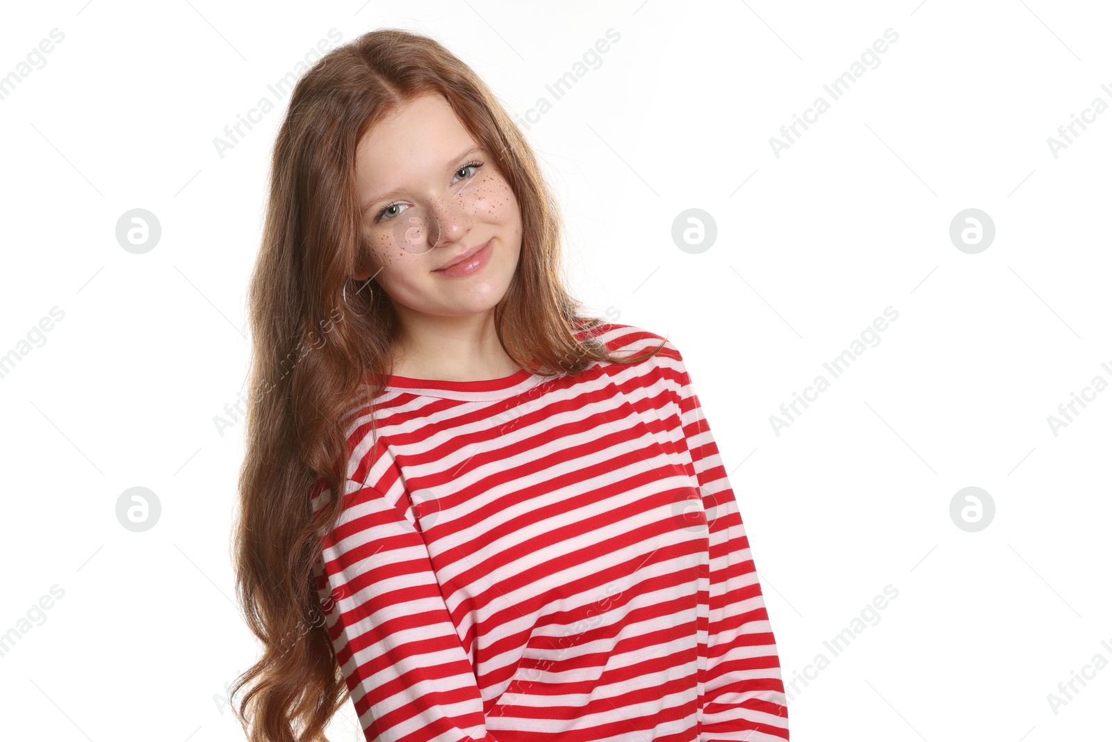 Photo of Beautiful teenage girl with freckles on white background