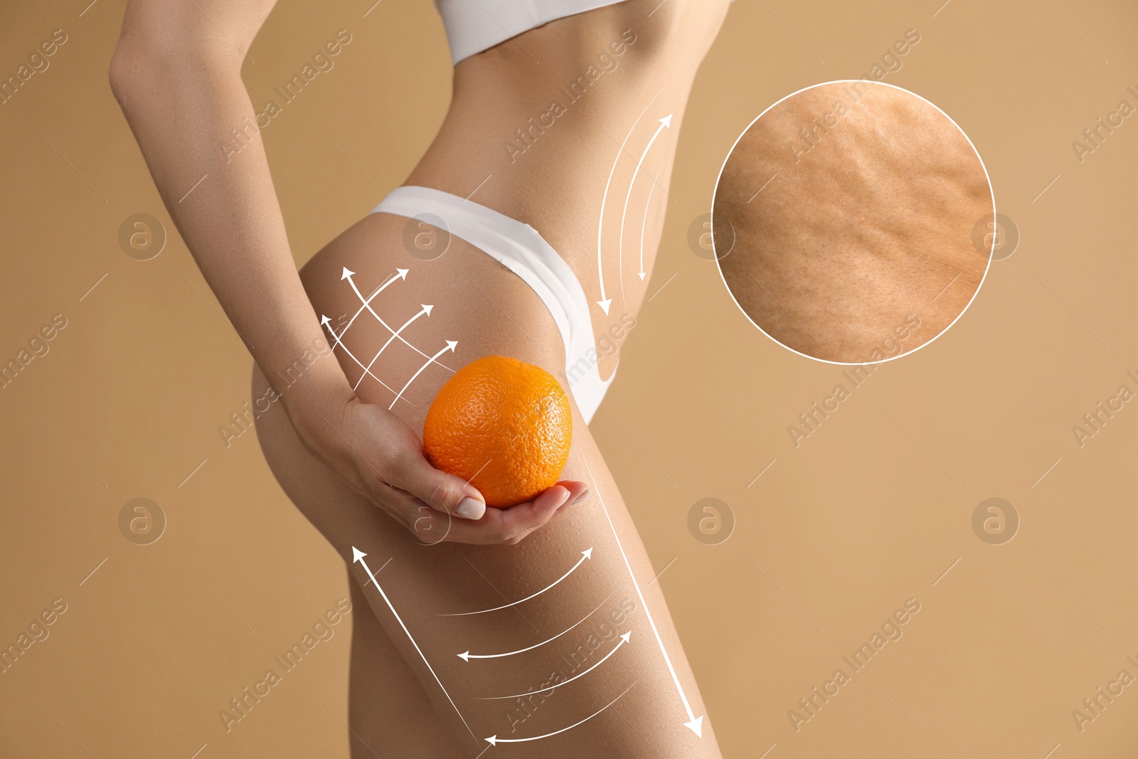 Image of Woman showing her beautiful body with smooth skin and holding orange on dark beige background, closeup. Lines of anti-cellulite massage on skin