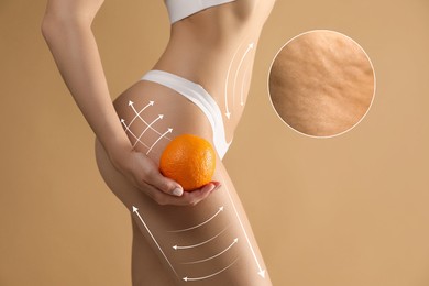 Image of Woman showing her beautiful body with smooth skin and holding orange on dark beige background, closeup. Lines of anti-cellulite massage on skin