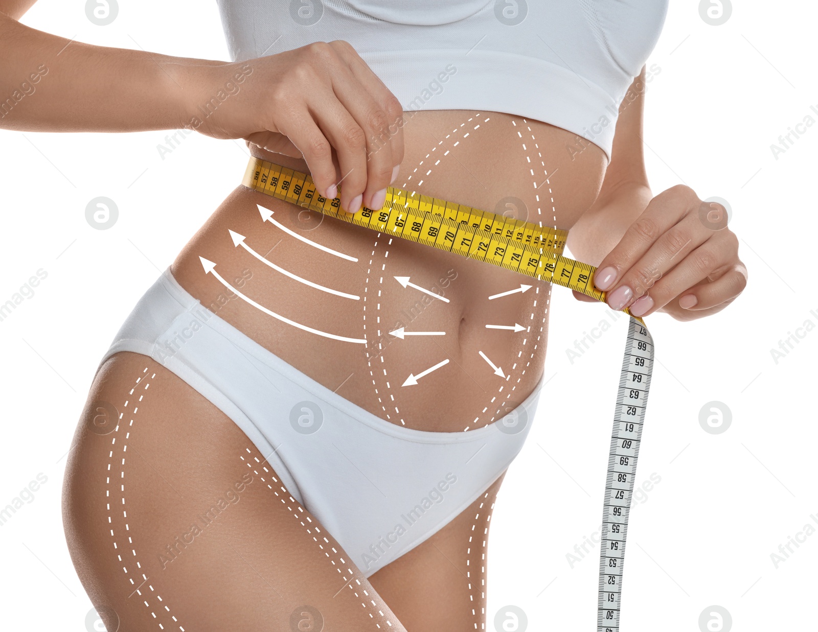 Image of Woman showing her beautiful body with smooth skin on white background, closeup. Anti-cellulite massage or lifting lines on skin