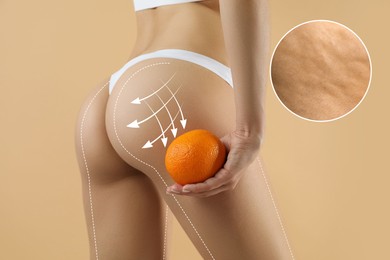 Woman showing her beautiful body with smooth skin and holding orange on dark beige background, closeup. Lines of anti-cellulite massage on skin