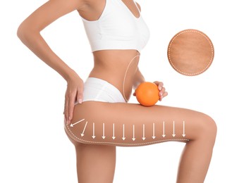 Image of Woman showing her beautiful body with smooth skin and holding orange on white background, closeup. Lines of anti-cellulite massage on skin