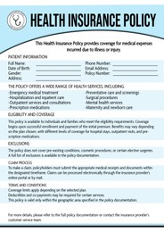 Image of Health insurance policy with information and empty fields to fill in