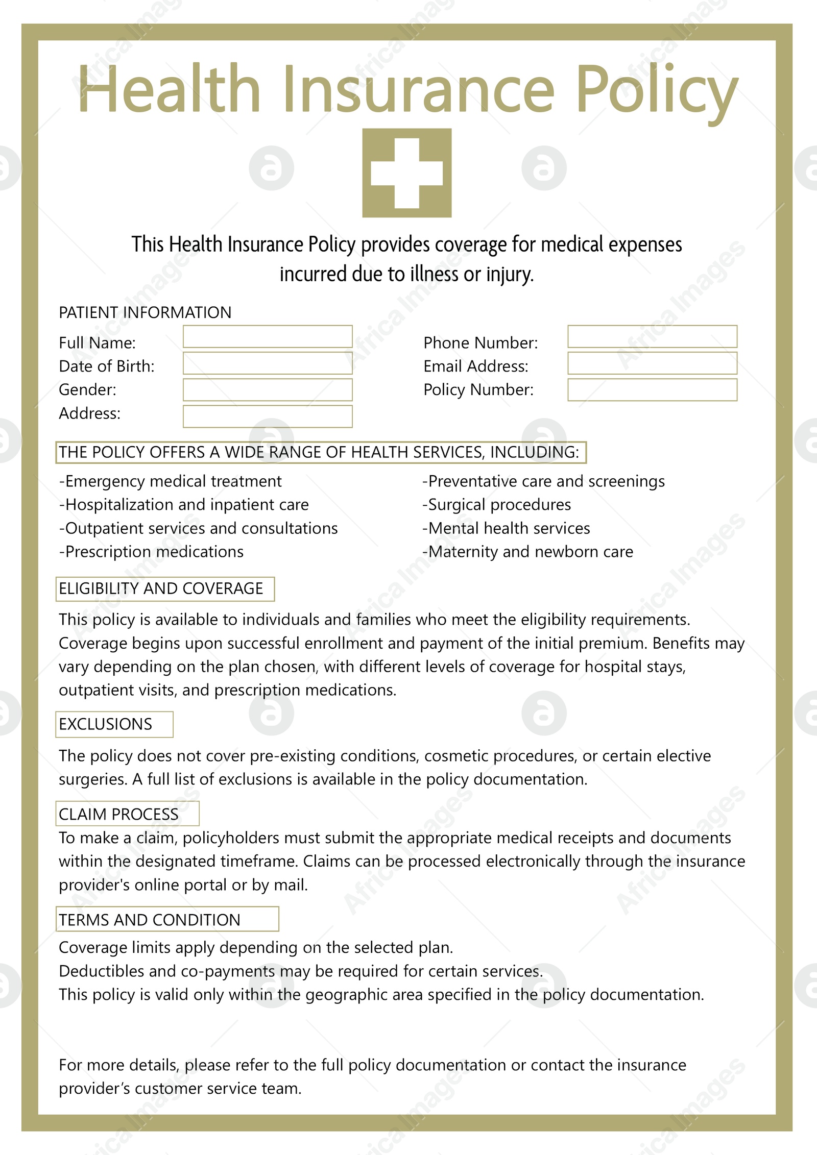 Image of Health insurance policy with information and empty fields to fill in