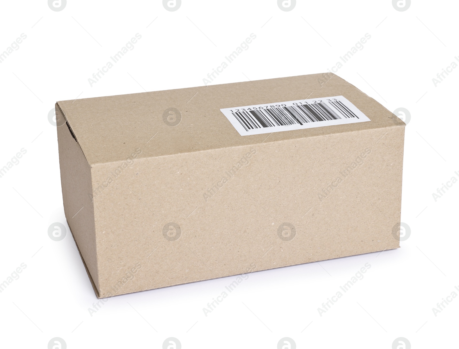 Photo of Cardboard parcel box with barcode on white background