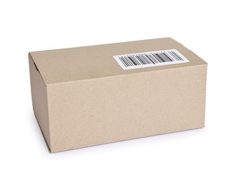 Photo of Cardboard parcel box with barcode on white background