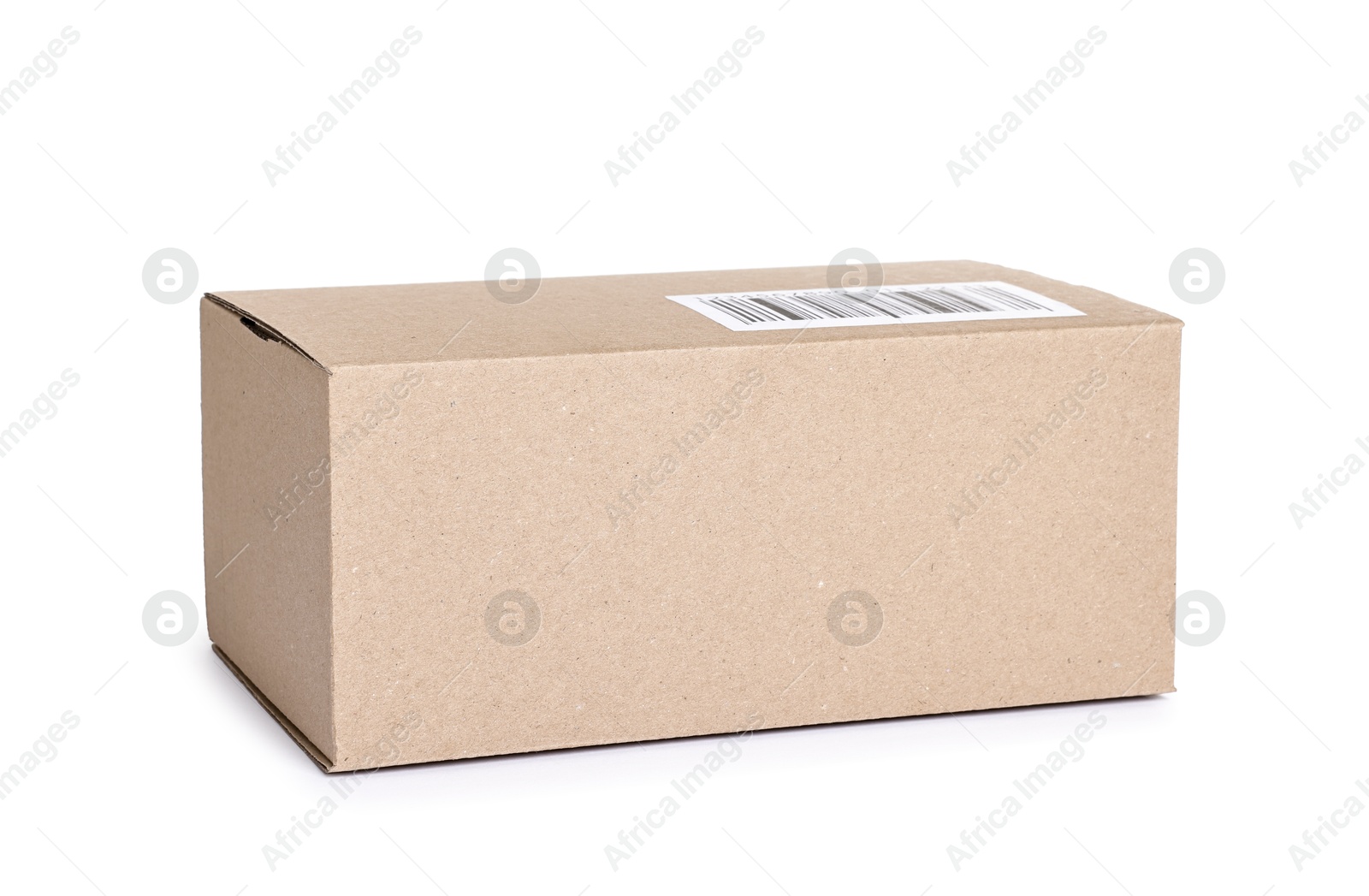 Photo of Cardboard parcel box with barcode on white background