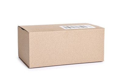 Photo of Cardboard parcel box with barcode on white background