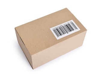 Photo of Cardboard parcel box with barcode on white background