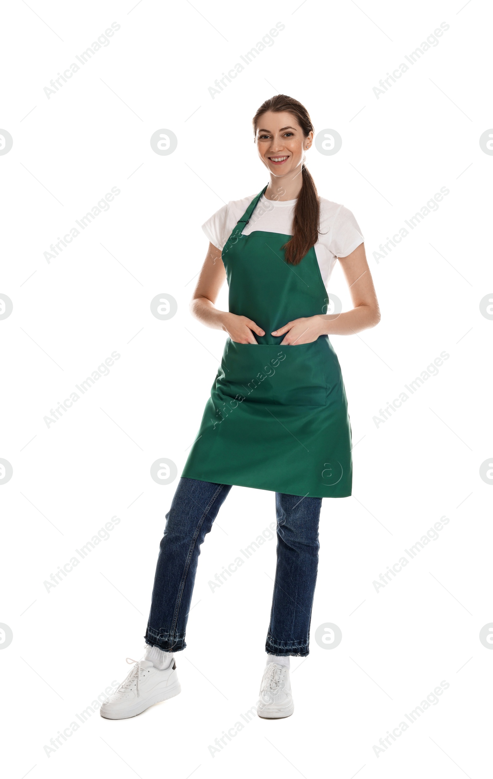 Photo of Smiling cleaning service worker on white background