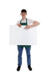 Photo of Smiling cleaning service worker with sheet of paper on white background. Space for text