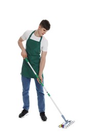 Photo of Cleaning service worker with mop on white background