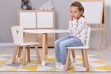 Photo of Resentful little girl at white table indoors