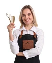 Photo of Smiling hairdresser with scissors and comb on white background