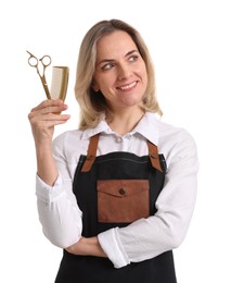 Photo of Smiling hairdresser with scissors and comb on white background