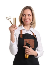 Photo of Smiling hairdresser with scissors, comb and spray bottle on white background