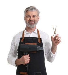 Photo of Smiling hairdresser with dryer and scissors on white background