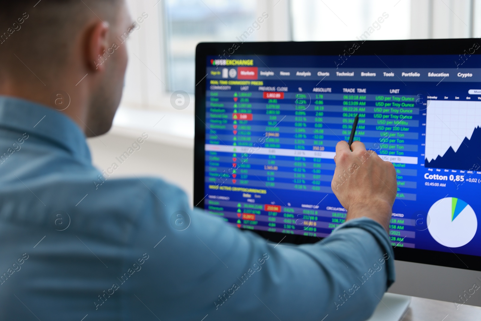 Photo of Financial trading specialist working with data in office, selective focus