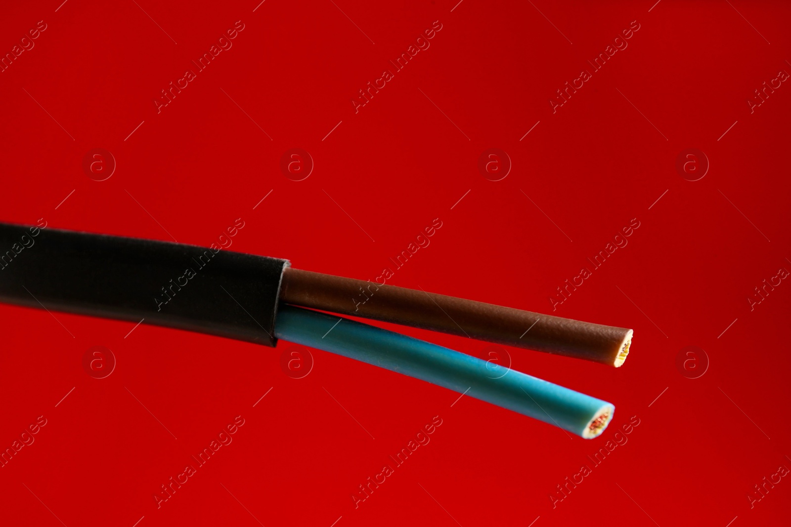 Photo of Stripped electrical wire on red background, closeup