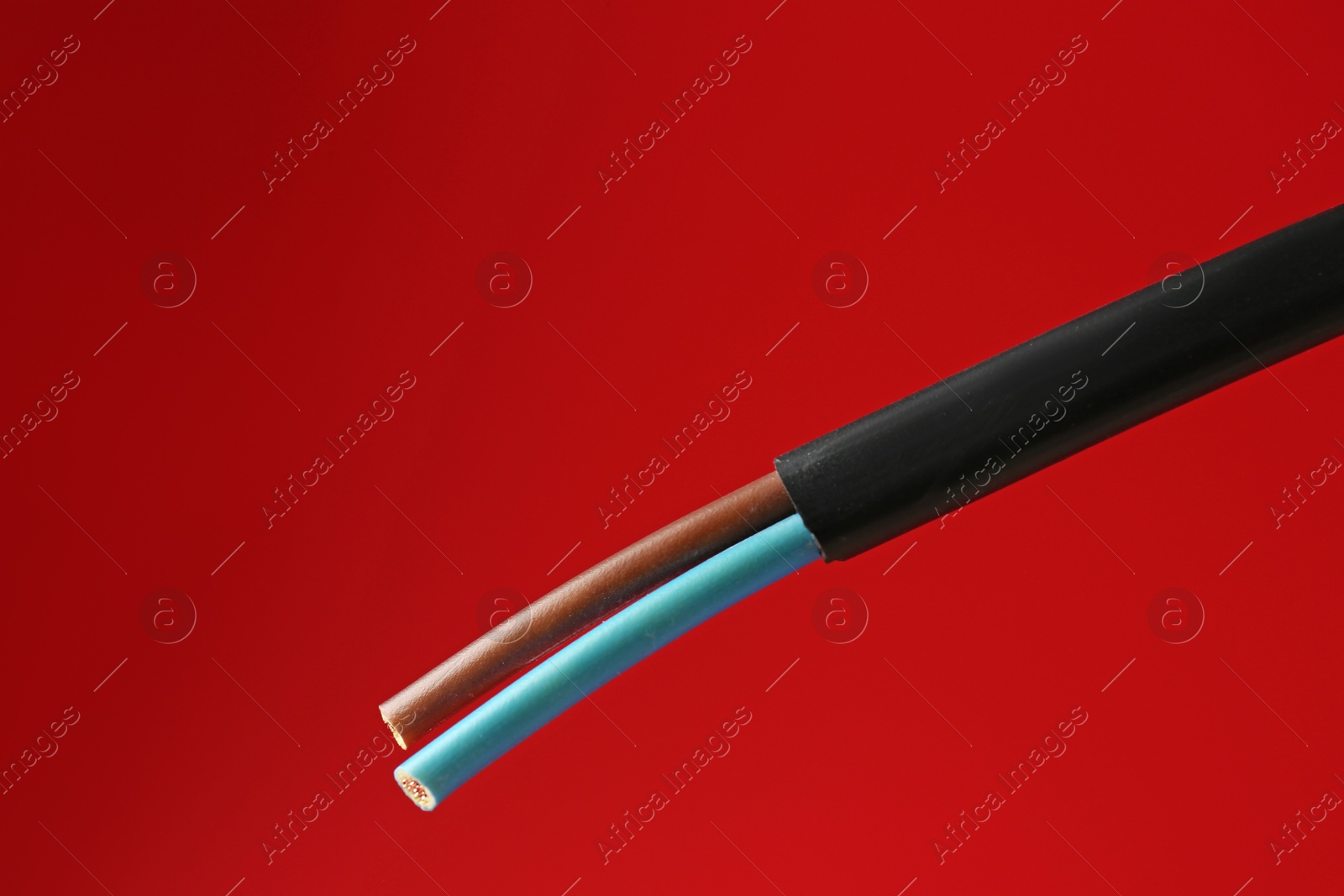 Photo of Stripped electrical wire on red background, closeup