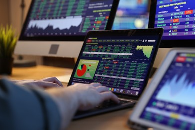 Photo of Financial trading specialist working on laptop in office at night, closeup