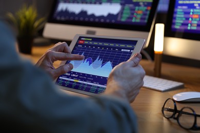 Photo of Financial trading specialist with tablet in office at night, closeup