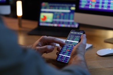 Photo of Financial trading specialist with smartphone in office at night, closeup