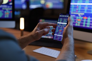 Photo of Financial trading specialist with smartphone in office at night, closeup