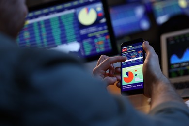 Photo of Financial trading specialist with smartphone in office at night, closeup