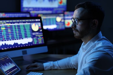 Photo of Financial trading specialist working in office at night