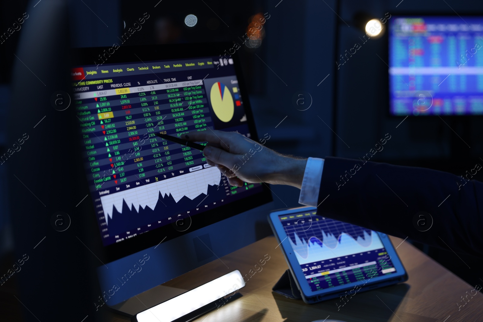 Photo of Financial trading specialist working with data in office at night, closeup