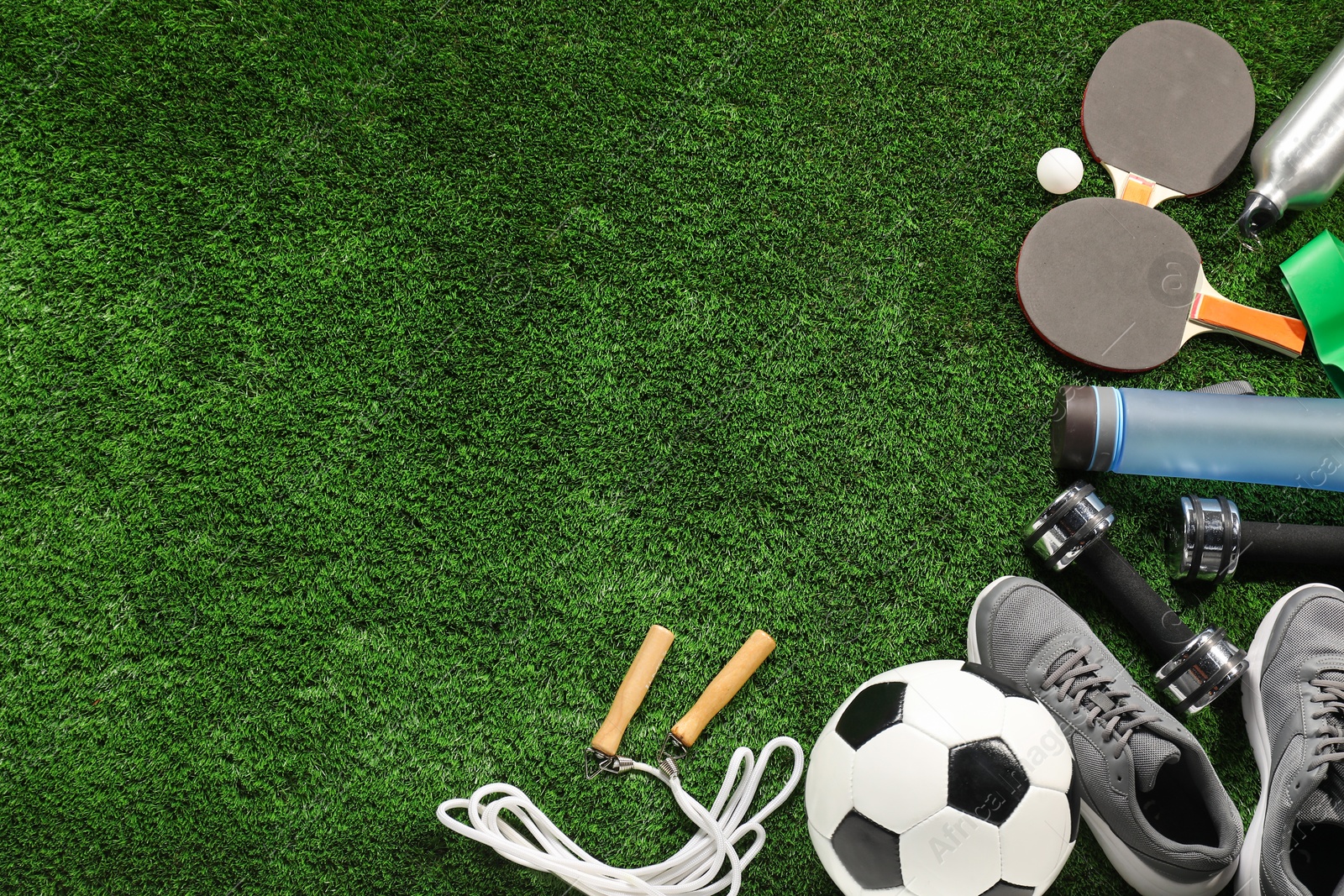 Photo of Different sports equipment on artificial grass, flat lay. Space for text