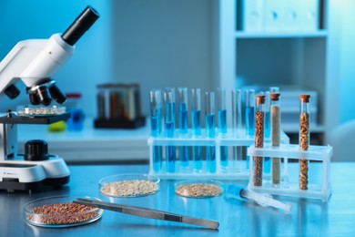 Photo of GMO concept. Different cereal grains, syringe, tweezers and microscope on table in laboratory