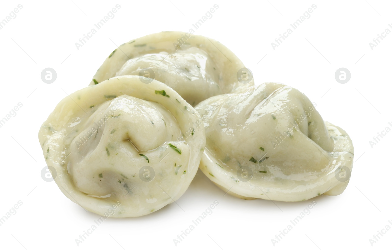 Photo of Delicious dumplings (pelmeni) with spices isolated on white