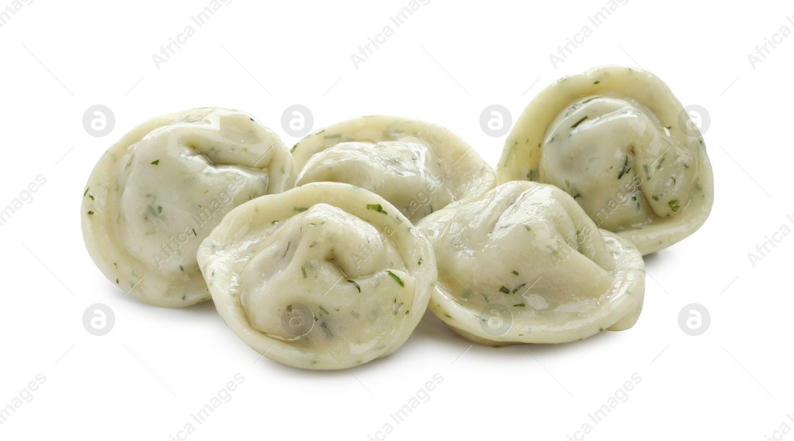 Photo of Delicious dumplings (pelmeni) with spices isolated on white